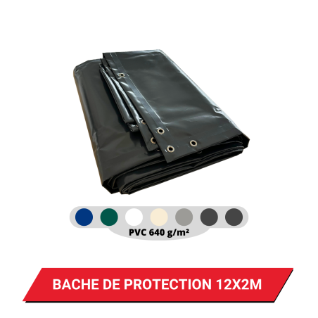 Bâche plate de protection avec oeillets 12 x 2 m - PVC étanche 640 g/m²