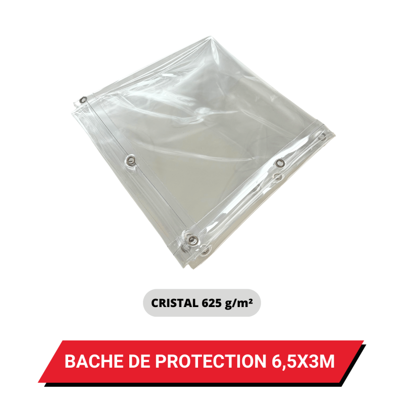 Bâche transparente de protection avec oeillets 6,5 x 3 m - PVC Cristal étanche 625 g/m²