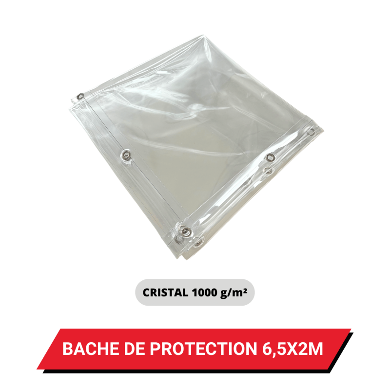 Bâche transparente de protection avec oeillets 6,5 x 2 m - PVC Cristal étanche 1000 g/m²