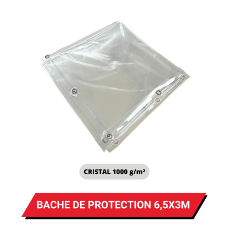 Bâche transparente de protection avec oeillets 6,5 x 3 m - PVC Cristal étanche 1000 g/m²