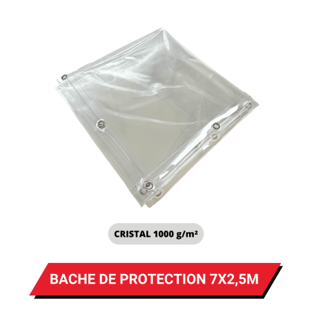 Bâche transparente de protection avec oeillets 7 x 2,5 m - PVC Cristal étanche 1000 g/m²