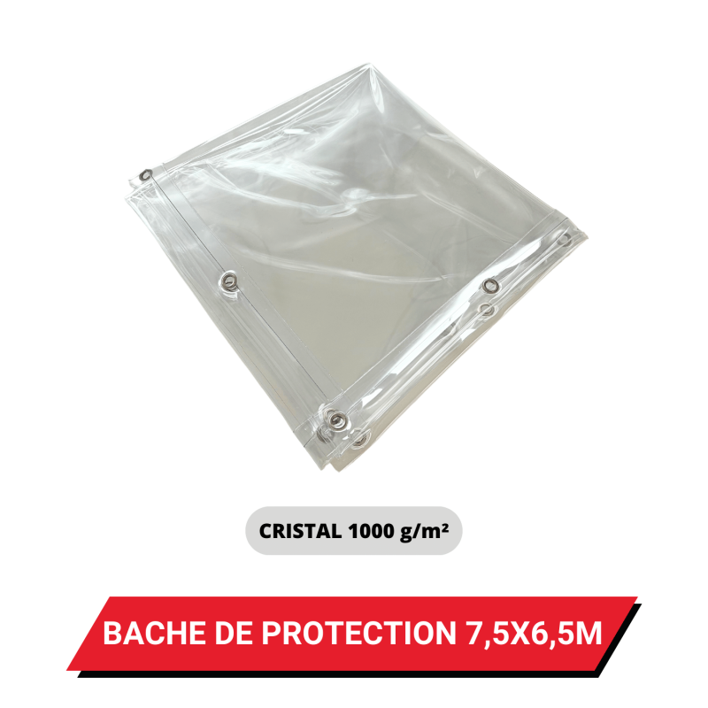 Bâche transparente de protection avec oeillets 7,5 x 6,5 m - PVC Cristal étanche 1000 g/m²