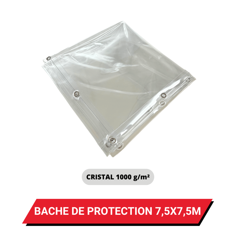 Bâche transparente de protection avec oeillets 7,5 x 7,5 m - PVC Cristal étanche 1000 g/m²