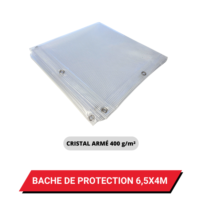 Bâche transparente armée de protection avec oeillets 6,5 x 4 m - PVC étanche 400 g/m²
