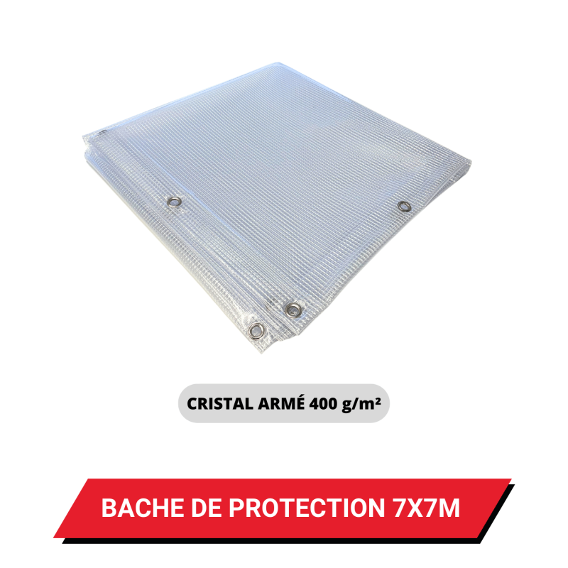 Bâche transparente armée de protection avec oeillets 7 x 7 m - PVC étanche 400 g/m²