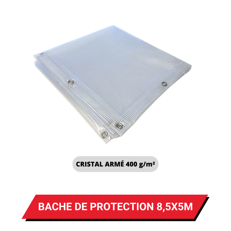 Bâche transparente armée de protection avec oeillets 8,5 x 5 m - PVC étanche 400 g/m²