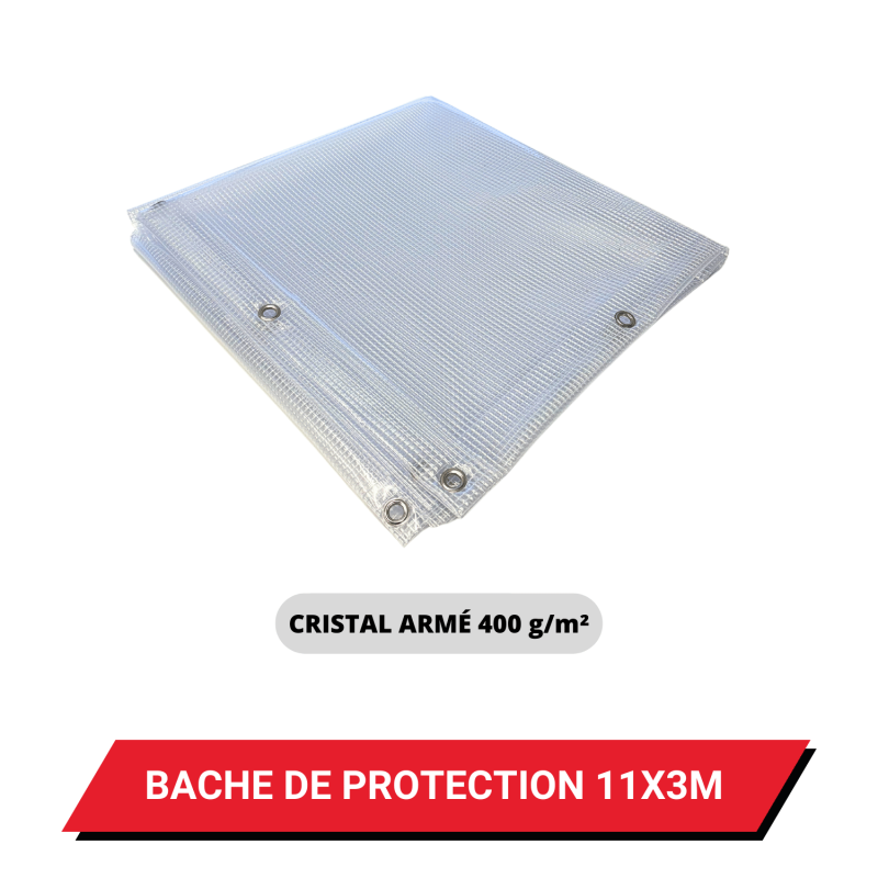 Bâche transparente armée de protection avec oeillets 11 x 3 m - PVC étanche 400 g/m²