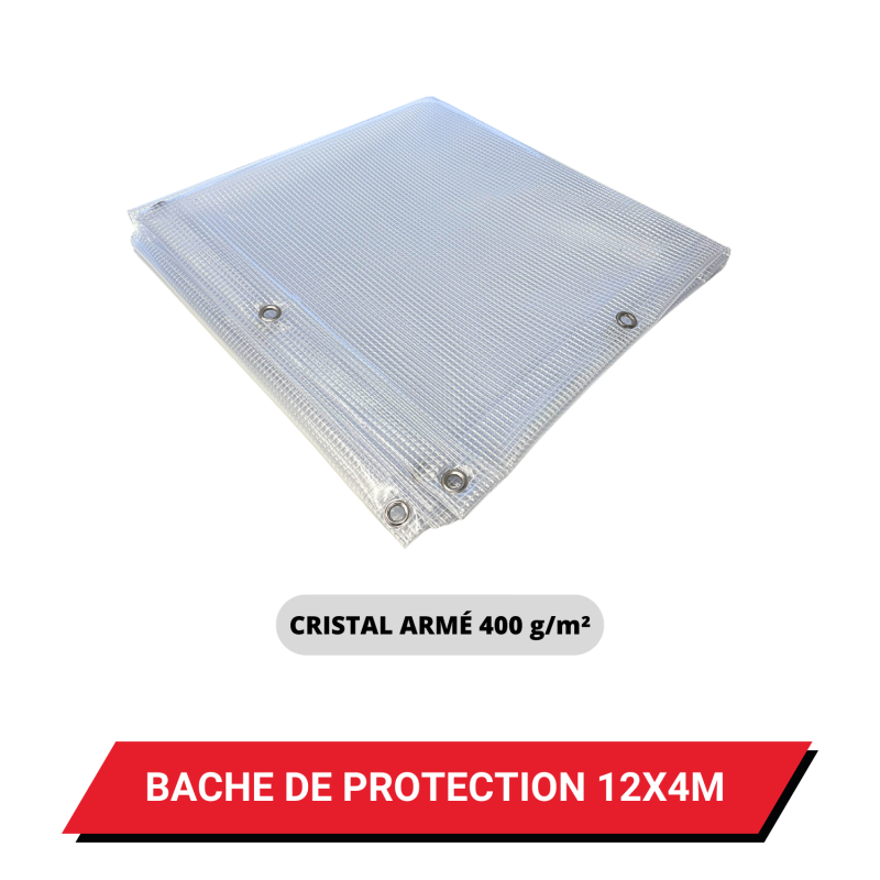 Bâche transparente armée de protection avec oeillets 12 x 4 m - PVC étanche 400 g/m²