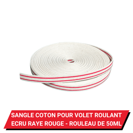 Sangle coton pour volet roulant en rouleau de 50 ml - Ecru rayé Rouge - Largeur 20 mm