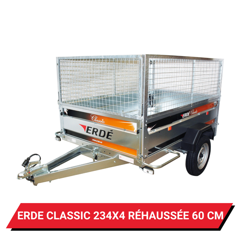 Bâche haute pour remorque Erdé Classic 234X4 réhaussée de 60 cm - 232 x 136 x 72 cm