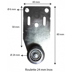 Dimensions roulette rail 24mm Inox, roulement à bille et plaque en Inox