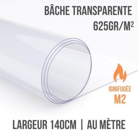 Bâche PVC transparente 625gr/m² ignifugée M2 au mètre linéaire largeur 140cm