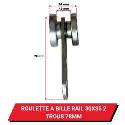 Roulette / Chariot pour rail 30x35 - Longueur 78 mm - Galets à billes - Dimensions