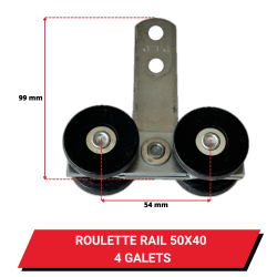 Roulette / Chariot pour rail 50x40 - Longueur 98 mm - 4 Galets plastiques - Dimensions