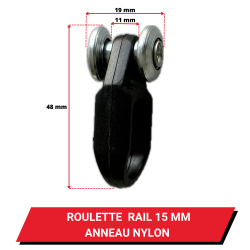 Roulette / Chariot 15 mm pour rail 19x25 - Longueur 43 mm - Anneau Nylon et Galets à billes - Dimensions