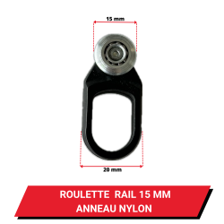 Roulette / Chariot 15 mm pour rail 19x25 - Longueur 43 mm - Anneau Nylon et Galets à billes - Dimensions