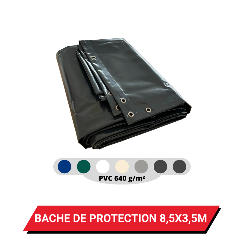 Bâche plate de protection avec oeillets 8,5 x 3,5 m - PVC étanche 640 g/m²